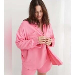 Aerie LumberJane Fleece Shirt Shacket Oversized S Lightweight Layer Pockets Pink